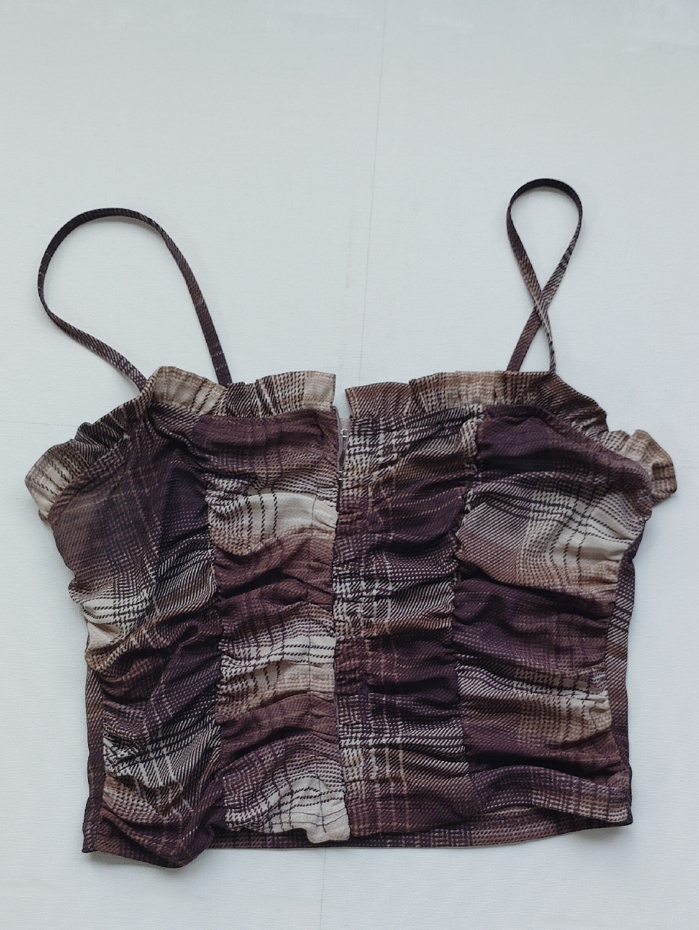 Liberty Love Corset Ruched Cami Top Sz S Brown Plaid Mesh Whimsigoth Grunge Y2K